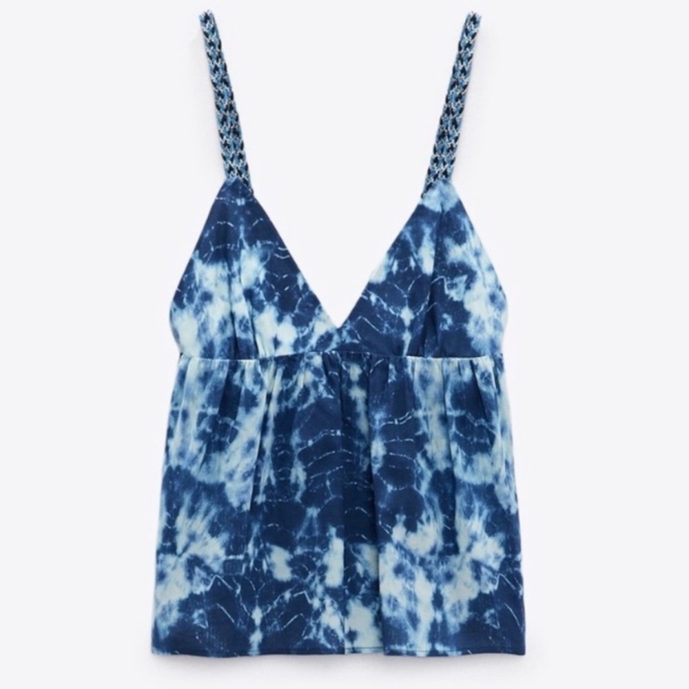 Zara Tie dye printed Blue & White Crop Top Back Tie Cotton Braided Tank Size XS - Picture 1 of 5